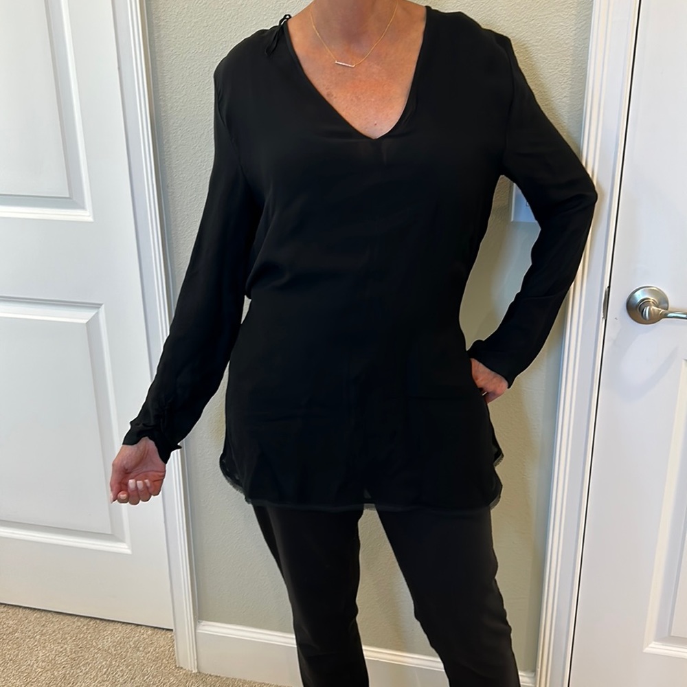 Zara Basic Black V-neck Long sleeve textured fabric  blouse w/ open tie back